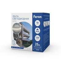 Светодиодная LED лента Feron LS710, 120SMD(2835)/м 10Вт/м 220V длина 25м, 6500K, IP65, с 1 сетевым шнуром, 2 заглушками, 2 коннекторами в комплекте в каталоге электрики 220.ru, артикул 48764