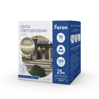 Светодиодная LED лента Feron LS710, 120SMD(2835)/м 10Вт/м 220V длина 25м, 3000K, IP65, с 1 сетевым шнуром, 2 заглушками, 2 коннекторами в комплекте в каталоге электрики 220.ru, артикул 48766