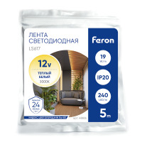 Светодиодная LED лента Feron LS617, 240SMD(2835)/м 19Вт/м 12V 5000*10*1.22мм 3000К, IP20 в каталоге электрики 220.ru, артикул 48826