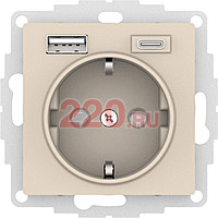 Розетка 16А с USB A+C (5В/2,4А/3 А, 2х5В/1,5А), мех, цвет — бежевый, SE AtlasDesign в каталоге электрики 220.ru, артикул ATN000232