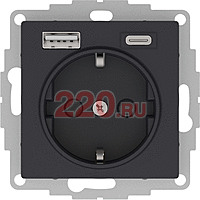 Розетка 16А с USB A+C (5В/2,4А/3 А, 2х5В/1,5А), мех, цвет — карбон, SE AtlasDesign в каталоге электрики 220.ru, артикул ATN001032