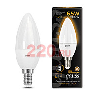 Gauss Лампа Свеча 6.5W 520lm 3000К E14 LED в каталоге электрики 220.ru, артикул GSS-103101107