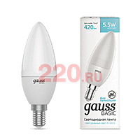 Gauss Лампа Basic Свеча 5,5W 420lm 4100K E14 LED в каталоге электрики 220.ru, артикул GSS-1033126