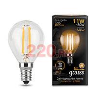Gauss Лампа Filament Шар 11W 720lm 2700К Е14 LED в каталоге электрики 220.ru, артикул GSS-105801111