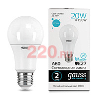 Gauss Лампа Elementary A60 20W 1600lm 4100K E27 LED в каталоге электрики 220.ru, артикул GSS-23229