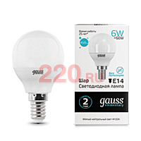 Gauss Лампа Elementary Шар 6W 450lm 4100K Е14 LED в каталоге электрики 220.ru, артикул GSS-53126