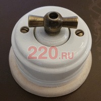 Ретро выключатели: керамика, поворотный, проходной. Белый, ручка «бронза», светлая подложка. Цион. в каталоге электрики 220.ru, артикул Z24-20-2