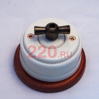 Ретро-выключатель на 2 нагрузки: керамика, поворотный. Белый, ручка «бронза», тёмная подложка. в каталоге электрики 220.ru, артикул Z24-48-2