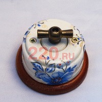 Ретро-выключатель 2 нагрузки: керамика, поворотн. Белый + Лазурь, ручка «бронза», тёмн. подложка. в каталоге электрики 220.ru, артикул Z24-48-2g