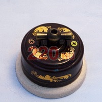 Ретро-выключатель 2 нагрузки: керамика, поворотн. Коричн. + золото, ручка «бронза», светл. подложка. в каталоге электрики 220.ru, артикул Z24-49-2z
