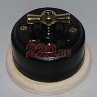 Ретро-выключатель на 2 нагрузки: керамика, поворотный, чёрный, ручка «золото», светлая подложка. в каталоге электрики 220.ru, артикул Z24-82